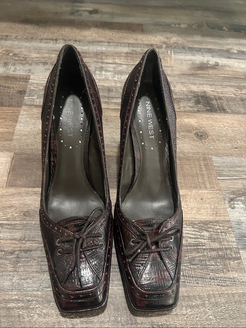 Nine West Dark Brown Lace-Front Square-Toe Pumps